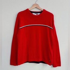Classic Tommy Hilfiger Red knit Crewneck Sweater with Stripe Accent